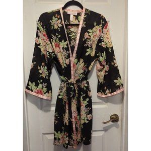 Oscar de la Renta Pink Label Kimono Style Wrap/ Robe Black W/Floral pattern sz M